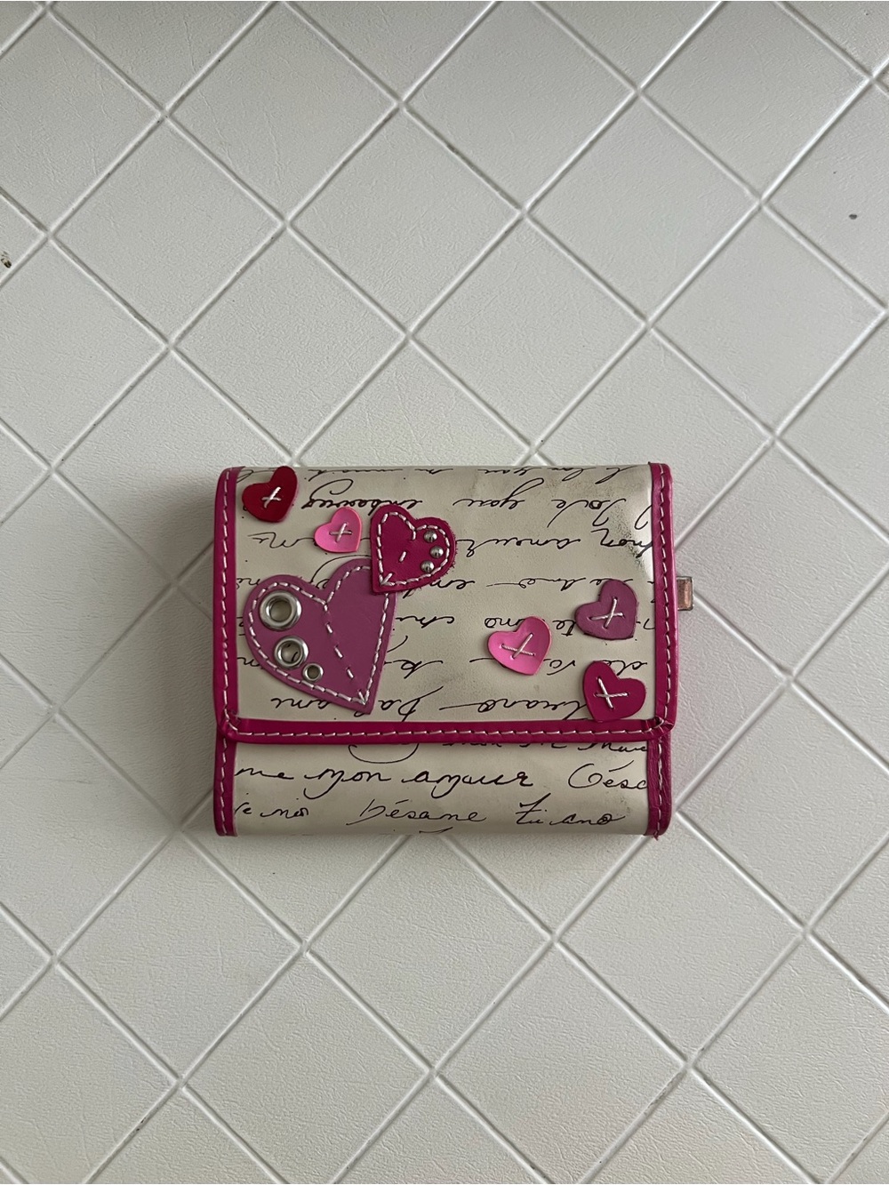 Coach Cream Wallet with Pink Heart Accents